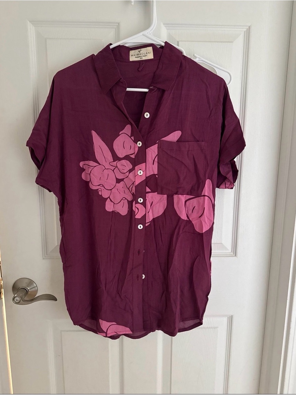 Waiwaolani Button-Down Floral Shirt in Plum and Pink - Women's. Never worn.